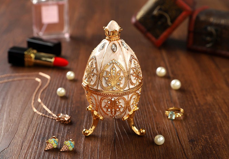 Furuida Trinket Box with Hinged White Easter Egg Enameled Jewelry Box Classic Ornaments Metal Craft Gift for Home Decor - Image 5